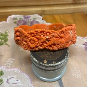1940s Vintage Celluloid Coral Carved Bangle